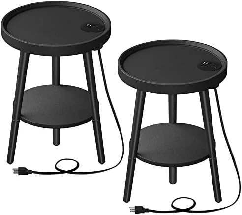 GREENSTELL End Table With Charging Station, Round Side Table With Storage Shelf, USB Ports And Anti-Drop Fence, 2-Tier Small Nightstand Sofa Table For Living Room, Bedroom White 15.0*15.0*20.4inches - Image 9