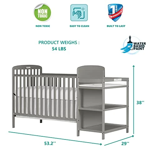 Dream On Me Anna 3-in-1 Full-Size Crib And Changing Table Combo In Steel Grey, Greenguard Gold Certified, Non-Toxic Finishes, Includes 1" Changing Pad, Wooden Nursery Furniture