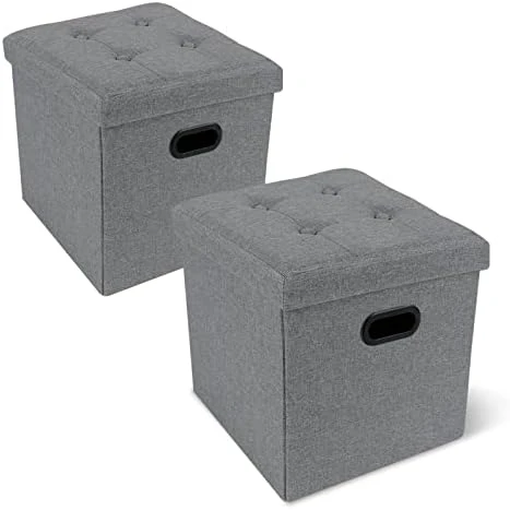 Acehome Storage Ottoman Cube, Small Ottoman With Storage, Folding Square Storage Ottoman With Tray, Cube Ottoman Storage With Handles, Linen Fabric Button Footstool Rest Padded Seat, Dark Grey, 2PC - Image 15