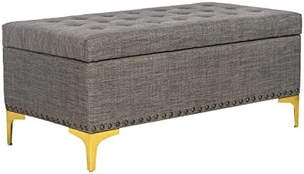 Asense Linen Fabric Rectangle Tufted Lift Top Storage Ottoman Bench, Footstool With Solid Wood Legs Upholstered Storage Bench (Noble Beige) - Image 6
