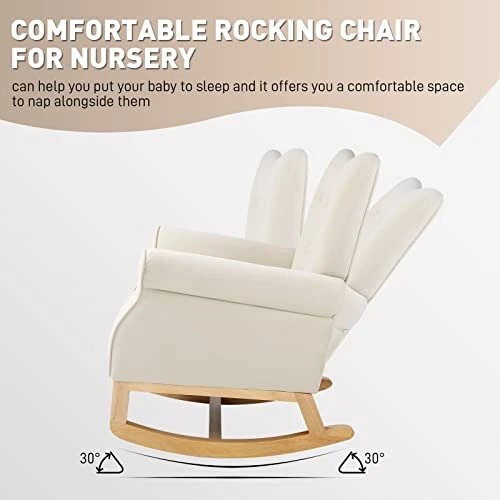 WIILAYOK Nursery Rocking Chair, Velvet Glider Rocker With Solid Wood Base And High Backrest For Baby Nursery, Comfy Rocking Recliner Armchair For Breastfeeding And Rocking Baby To Sleep (Beige) - Image 3
