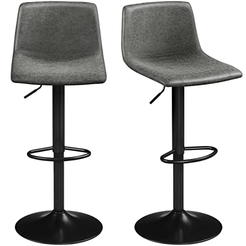 Yaheetech Swivel Bar Stools Set Of 2 For Kitchen Counter Adjustable Counter Height Bar Chairs With Back Tall Barstools PU Leather Kitchen Island Stools, Grey