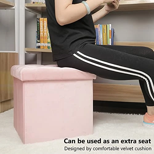 PINPLUS Folding Storage Ottoman Cube,Ottoman For Living Room,Velvet Tufted Ottoman With Cover Lid, Storage Shoes Box Toys Chest,15 Inches Ottoman Foot Rest Stool Seat For Bedroom (Pink) - Image 4