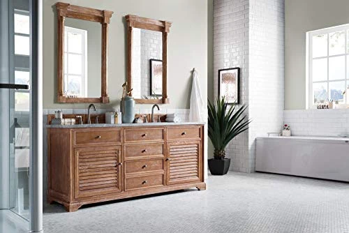 Savannah 72" Double Vanity Cabinet, Driftwood, With 3 CM Eternal Jasmine Pearl Quartz Top W/Sink - Image 3