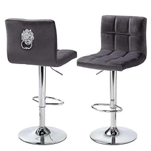 Finnhomy Bar Stools Set Of 2 Counter Height, Swivel Barstools With Footrest And L Shape Thicken Cushion Back Handle, Height Adjustable Modern Bar Stools For Kitchen, Velvet Fabric, Dark Grey