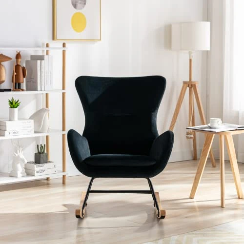 BOMENG Modern Velvet/Teddy Fabric Padded Seat Rocking Chair With High Backrest And Armrests,Comfy Uplostered Glider Chair Accent Chair For Living Room,Bedroom,Balcony - Image 4
