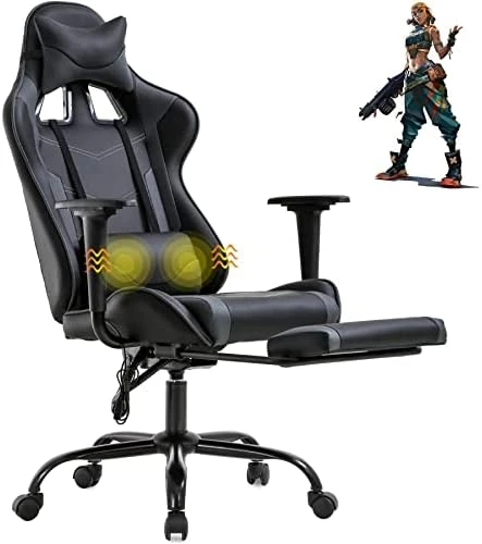 Gaming Chair High Back Computer Gaming Chair With Footrest, Ergonomic Game Chair PU Leather Racing Office Chair Adjustable Task Chair W/Headrest Armrest & Massage Function Lumbar Support-White - Image 6