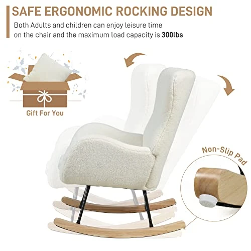 FUNNIU Rocking Chair Nursery, Glider Chair For Baby Nursing With Cushion Teddy Velvet Upholstered Indoor Glider Rocker Comfy Armchair Living Room Chair Accent Chair With High Backrest And Armrests - Image 3