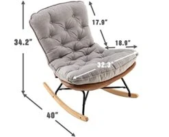 Kmax Rocking Chair Nursery Tufted Accent Glider Chair With Tufted Linen Fabric Cushion PU Leather Base For Baby Nursery Bedroom Living Room, Light Grey