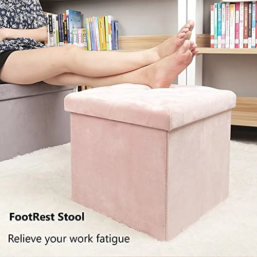PINPLUS Folding Storage Ottoman Cube,Ottoman For Living Room,Velvet Tufted Ottoman With Cover Lid, Storage Shoes Box Toys Chest,15 Inches Ottoman Foot Rest Stool Seat For Bedroom (Pink) - Image 3