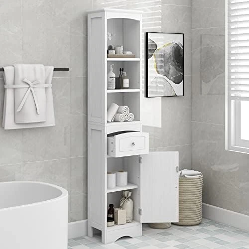 P PURLOVE Bathroom Storage Cabinet, Narrow Tall Slim Floor Cabinet With Drawers And 3 Tier Open Shelves, Tall Storage Cabinet With Door And Adjustable Shelf, For Bathroom, Living Room, Kitchen, Grey - Image 9
