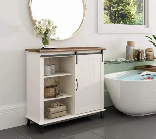 WAMPAT Storage Cabinet With Sliding Barn Door,Decorative Farmhouse Buffet Cabinet Coffee Bar Cabinet Accent Cabinet Entryway Storage Table For Living Room,Bathroom And Kitchen,Metal Feet,35 Inch,White - Image 4