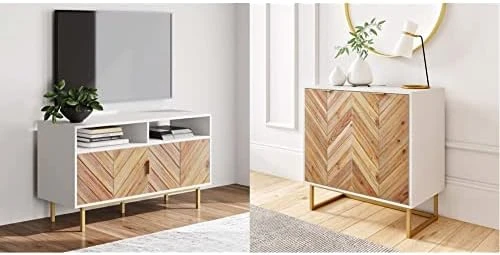 Nathan James Izsak Media Console, Brown/White/Gold & Enloe Modern Storage, Free Standing Accent Cabinet With Doors In A Rustic Fir Wood Finish Powder-Coated Metal Base, White/Gold - Image 11