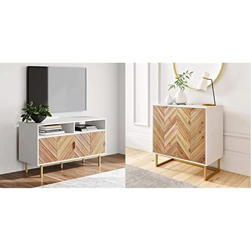 Nathan James Izsak Media Console, Brown/White/Gold & Enloe Modern Storage, Free Standing Accent Cabinet With Doors In A Rustic Fir Wood Finish Powder-Coated Metal Base, White/Gold