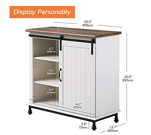 WAMPAT Storage Cabinet With Sliding Barn Door,Decorative Farmhouse Buffet Cabinet Coffee Bar Cabinet Accent Cabinet Entryway Storage Table For Living Room,Bathroom And Kitchen,Metal Feet,35 Inch,White - Image 3