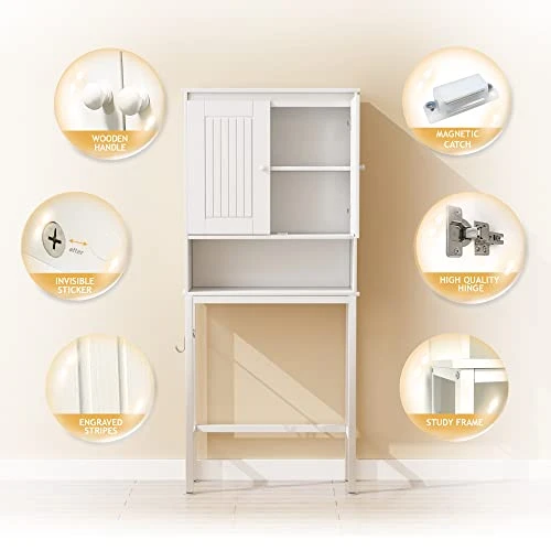 DMIDYLL Over The Toilet Storage Cabinet With Double Doors And Adjustable Shelves, Bathroom Storage Cabinet Over The Toilet, Toilet Organizer, White Wood - Image 5