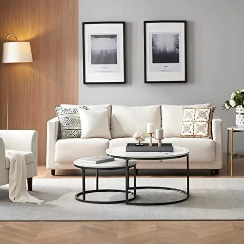 Modern Nesting Coffee Tables Set Of 2, Jepwe Round Coffee Table Faux Marble Tabletop Powder Coated Metal Frame Mid Century Wooden Accent Side Tables For Living Room Bedroom Office Balcony, White/Black - Image 6