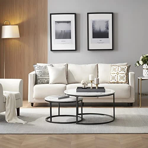 Modern Nesting Coffee Tables Set Of 2, Jepwe Round Coffee Table Faux Marble Tabletop Powder Coated Metal Frame Mid Century Wooden Accent Side Tables For Living Room Bedroom Office Balcony, White/Black