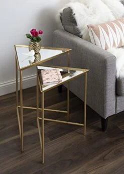 Kate And Laurel Trena Glam Metal Triangle Nesting Tables, Set Of 2, Gold With Mirrored Surface, Decorative End Tables For Display And Storage
