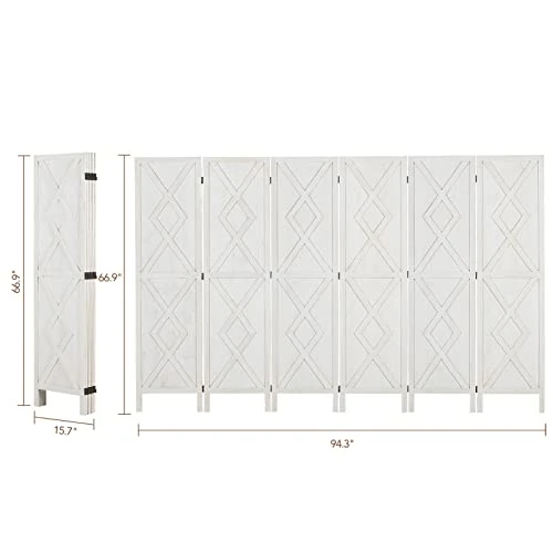 Wnutrees 6 Panel Wood Room Divider,Rustic Folding Privacy Screens Room Divider, Farmhouse Freestanding Partition Wall Dividers Screen,Temporary Wall For Home Restaurant Bedroom (White) - Image 2