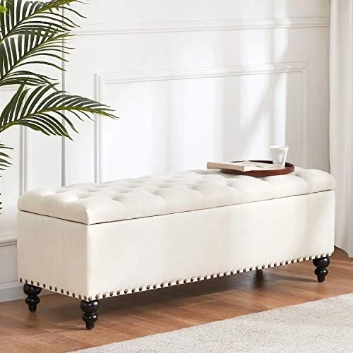 HUIMO Button-Tufted Ottoman With Storage In Upholstered Fabrics, Large Storage Bench For Bedroom, Living Room, Entryway, Storage Ottoman Bench With Safety Hinge Hold Up To 300lbs (Ivory) - Image 13