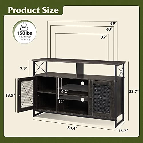 WLIVE TV Stand For 55 Inch TV, Tall Entertainment Center With Storage, Industrial Farmhouse TV Console For Bedroom Living Room, Charcoal Black - Image 4