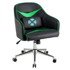 Giantex PU Leather Gaming Chair, Adjustable Height Mid-Back Armchair W/Massage Lumbar Pillow, Rolling Swivel Desk Chairs For Office Home Game Room (Green & Black)