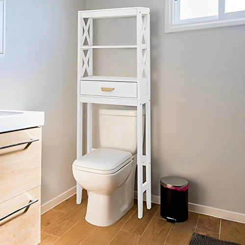 Otryad White Over-The-Toilet Storage, Wooden Above Toilet Storage Cabinet With Drawer And Open Shelves, Bathroom Cabinet Organizer Standing Rack - 23.62" L X 7.87" W X 64.76" H