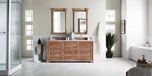 Savannah 72" Double Vanity Cabinet, Driftwood, With 3 CM Eternal Jasmine Pearl Quartz Top W/Sink - Image 4
