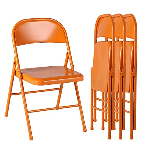 VECELO Metal Frame Steel Folding Mounted Chairs With Triple Braced & Double Hinged Back For Home Office,350-Pound Capacity,Orange, Pack Of 4