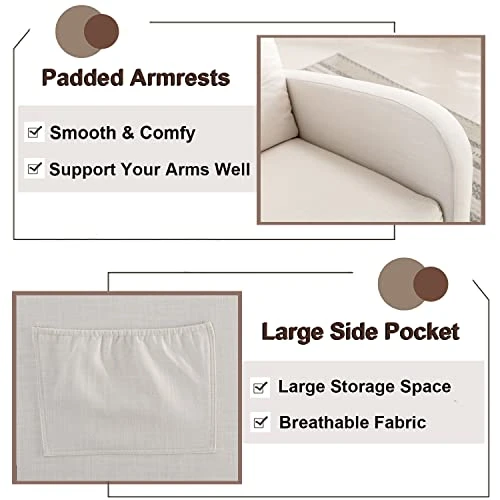 Modern Accent Rocking Chair, Upholstered Nursery Glider Rocker For Baby And Kids, Comfy Armchair With Side Pocket, Living Room Lounge Arm Chair, High Backrest With Decorative Buttons, Off White - Image 6