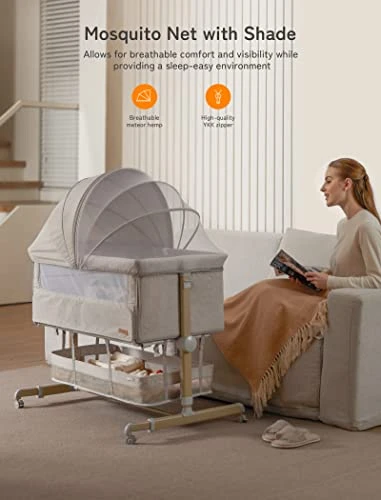 Baby Bassinet Bedside Sleeper, Besrey Bedside Bassinet For Newborn Infant With Comfy Mattress, 9 Height Positions, Adjustable Bedside Crib With 360° Swivel Wheels, Bassinet Sleeper With Storage Basket