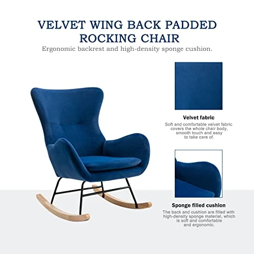 Kiztir Velvet Rocking Chair Nursery, Modern Rocking Chair With High Backrest, Comfy Accent Glider Chair For Nursery, Living Room, Bedroom (Navy) - Image 3