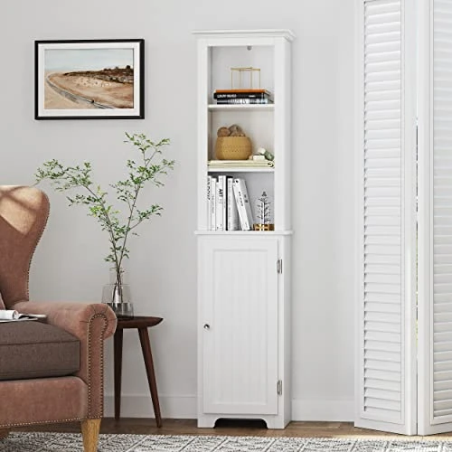UTEX 64" Freestanding Storage Cabinet, Bathroom Tall Cabinet With Doors And Shelves, Free Standing Linen Tower, Home Storage Furniture,White - Image 2