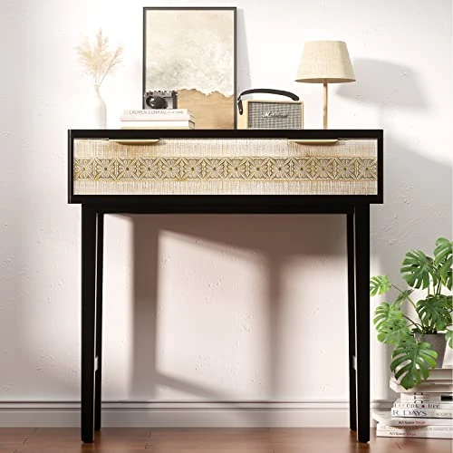Aoikax Farmhouse Console Table, Vanity Table, French Country Console Table With Drawer, Hand-Carved Finished (Natural And Black)…