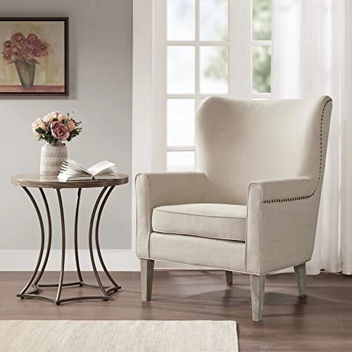 Madison Park Colette Chairs-Solid Wood, Wing Back Armchair Modern Contemporary Style Living Room Sofa Furniture Track Arm, Nailhead Accent, Bedroom Lounge, 31" Wide, Natural