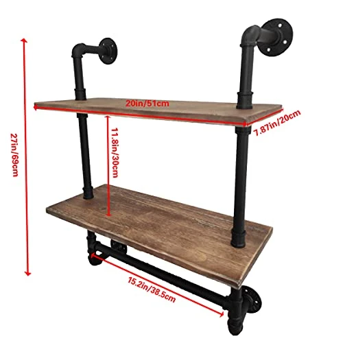 LooftMate Industrial Pipe Shelf,2 Tiered Metal Towel Racks For Bathroom,20" Industrial Pipe Floating Shelves Shelving,Rustic Wood Wall Mount Shelf With Towel Bar,Iron Towel Holder - Image 2
