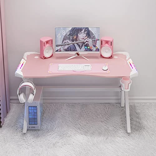Haoo E-sports Game Table, Girl Pink Home Ergonomic Modern Minimalist Style Notebook Computer Study Table, Home Table, Large Monitor Stand Table (Pink K Leg With RGB Light,60 * 80) - Image 2
