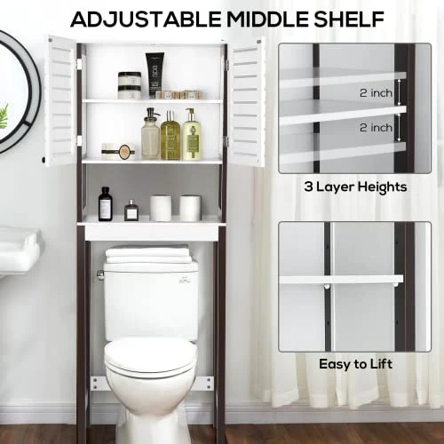 VOWNER Over The Toilet Storage Cabinet, 3-Tier Bathroom Organizer With Louvered-Style Doors And Adjustable Shelf, White And Coffee Brown MDF Board - Image 4
