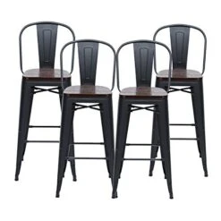 HAOBO Home 30" High Back Barstools Metal Stool With Wooden Seat [Set Of 4] Counter Height Bar Stools, Matte Black