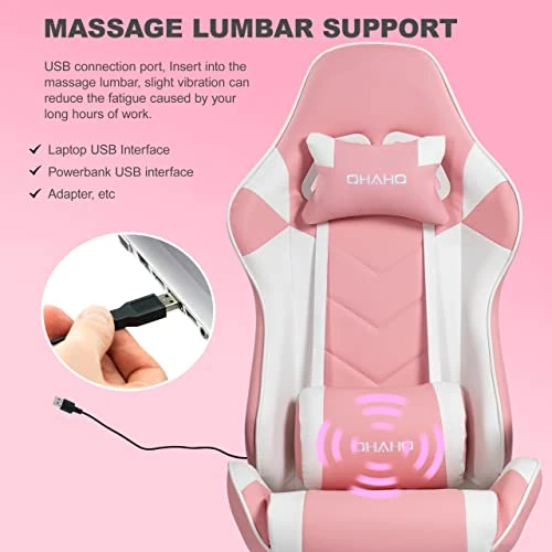 OHAHO Gaming Chair Racing Style Office Chair Adjustable Massage Lumbar Cushion Swivel Rocker Recliner Leather High Back Ergonomic Computer Desk Chair With Retractable Arms And Footrest (Pink/White) - Image 2