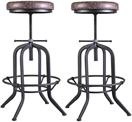 LOKKHAN Set Of 2 Industrial Bar Stool-Adjustable Swivel Vintage Pu Leather Bar Stool-Rustic Bar Stool With Cushion-Cast Iron Stool-Coffee Kitchen Stool-Extra Tall Pub Height 29-35 Inch,Fully Welded - Image 4