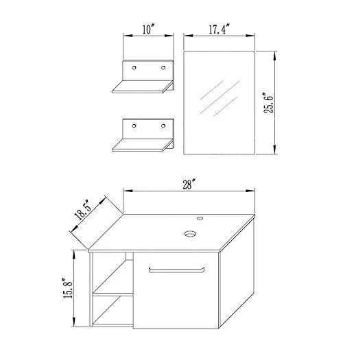 Puluomis Wall Mounted Bathroom Vanity, Double Wood Side Shelves With Mirror, 1-Door And 2-Shelves, Black Finish, 28-Inch - Image 2