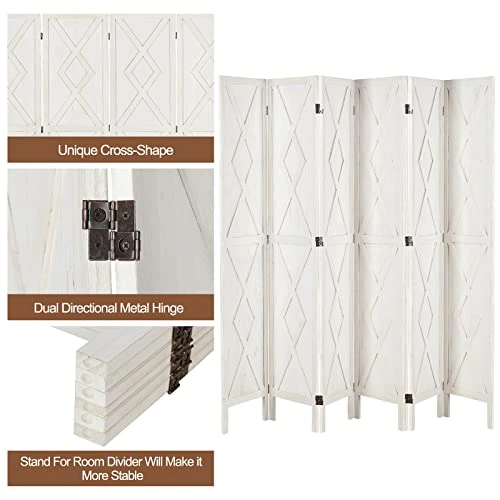 Wnutrees 6 Panel Wood Room Divider,Rustic Folding Privacy Screens Room Divider, Farmhouse Freestanding Partition Wall Dividers Screen,Temporary Wall For Home Restaurant Bedroom (White) - Image 3