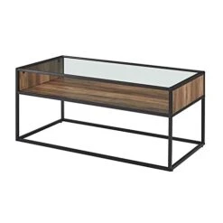Walker Edison Industrial Modern Wood Rectangle Open Shelf Coffee Table Living Room Accent Ottoman Storage Shelf, 40 Inch, Rustic Oak