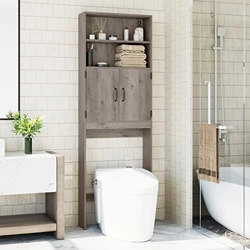 HOSTACK Over The Toilet Storage, Double Door Bathroom Organizer Toilet Cabinet, Freestanding Above Toilet Rack With Open Shelves And Adjustable Bottom Bar, 76.8 In H, Ash Gray - Image 5