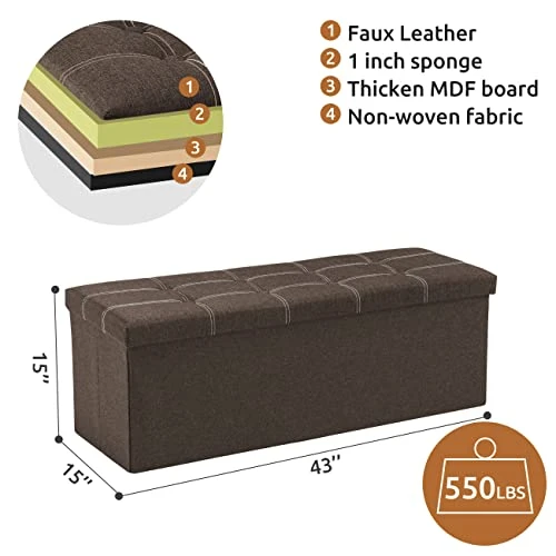 YOUDENOVA 43 Inches Folding Storage Ottoman Bench, Storage Chest Foot Rest Stool With Wooden Divider, Bed End Bench With 120L Large Storage Space, Linen Fabric Brown - Image 3