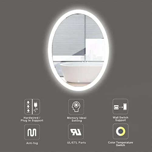 Illucid LED Mirror Oval 24x32 Inch, Anti-Fog Warm Light/Day Light Wall Mounted Bathroom Mirror Wall Switch Support Memory, Quick Hanging LED Mirrors For Bathroom - Image 3