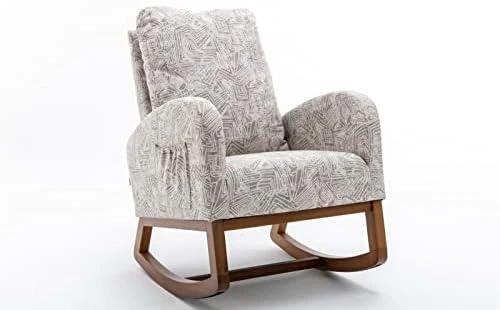 Nursery Rocking Chair,Upholstered Fabric Accent Armchair,Wooden Padded Seat With 2-Side Pocket,Nursing Chair With Rubber Wood Legs,Glider Chair For Nursery,Living Room,Home Office (White Line) - Image 13