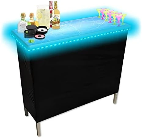 (USA Company) Patented Folding Portable Party Bar W/Multi-Color LED Lights, Black & Hawaiian Bar Skirts, And Storage Shelf - Image 11